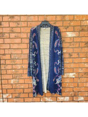 Chicos Womens Paisley Open Cardigan Sweater Blue Multicolor XL Lightweight Knit